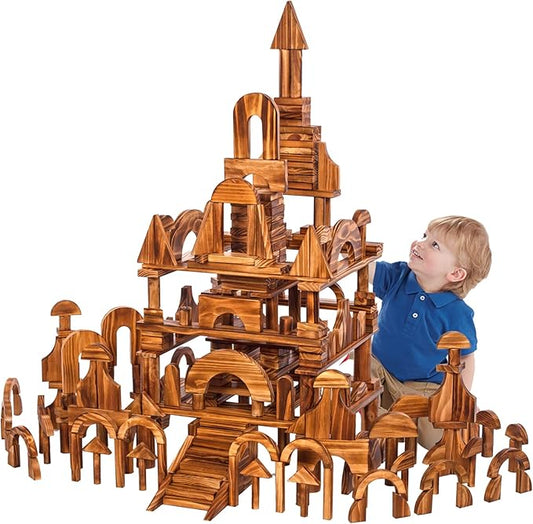 Vintage Solid Carbonized Wooden Building Blocks Set for Kids 3-12 Outdoor(43pcs,5.4 lbs), Table Sensory Wood Building Toys for Toddlers, Outside Wooden Blocks for Preschool