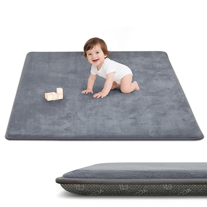 ACOMOPACK 1.3" Thick Baby Play Mat for Floor 50x50"-Memory Foam Water-Repellent Playpen Mat for Tummy Time,Non-Slip Soft Velvet Nursery Rug for Kids,Toddlers,Infants Crawling（Grey）