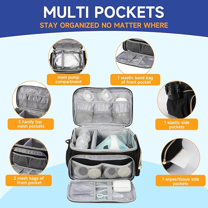 Breast Pump Bag Compatible with Spectra S1 and S2, Large Insulated Storage with Waterproof Mat, Travel & Work Portable Pump Carrying Case for Pumping Accessories, Black