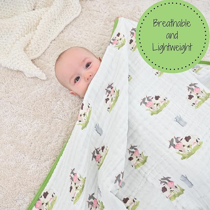 LollyBanks Muslin Baby Blanket 100% Organic Cotton, Muslin Quilt Lightweight, 6 Layers Baby Blankets 47"x 47", Toddler Blanket for Boy and Girl, Nursery Receiving Blankets (Cows Print)