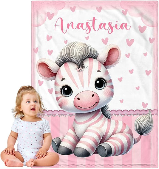 Personalized Baby Blanket for Girls, Custom Baby Blanket with Name, Soft Cozy Personalized Name Blankets for Kids, Customized Zebra Blanket for Infant Toddler Birthday Christmas