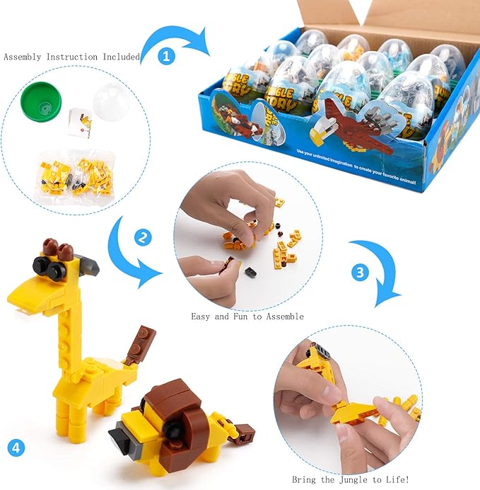 Wild Safari Toys - 12 Surprise Animal Eggs Standard Size Building Blocks STEM Toys - Educational Kids 3D Puzzle Party Favors