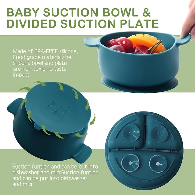 Dandat 24 Pcs Silicone Baby Feeding Set,6 Baby Toddler Suction Bowls 6 Divided Suction Plates with 6 Forks 6 Spoons, Utensils Set for Weaning Infant Feeding and Eating, 6 Styles (Elegant Color)