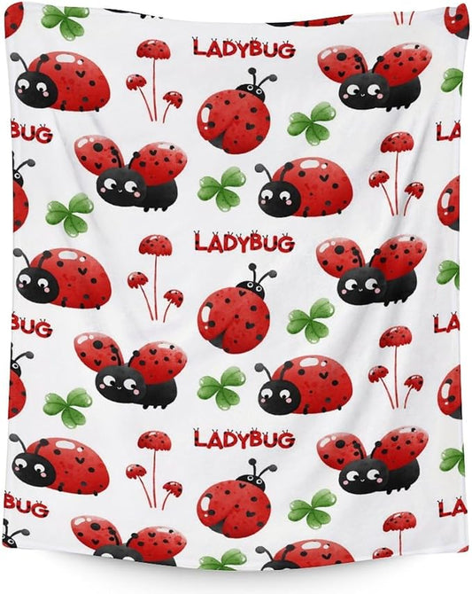 Ladybug Gifts - Kids Blanket for Ladybug Lovers - 30 x 40 Inches Lap Size White Cute Flannel Throw Blanket Stuff for Crib, Nap