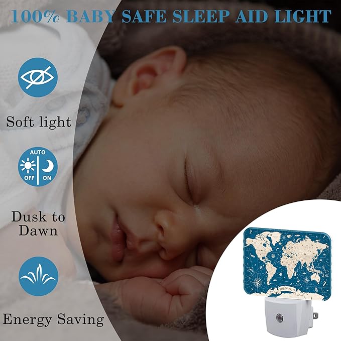 Vintage Blue World Map Night Light for Kids, World Map LED Night Light Plug into Wall with Dusk to Dawn Sensor for Girls Boys Women Men Bedroom, Hallway, Kitchen, Bathroom, Stairs Decor