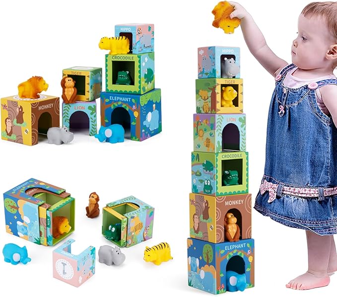 Sorting and Stacking Toys Blocks for Toddlers 1-3, Soft Safari Animal Bath Toys Age 2-4, Numbers Nesting Stackable Toys for Baby 12-18 Months, Montessori Toys Gifts for 1 2 3 Year Old Boys Girls