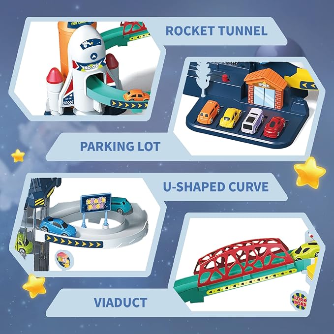 RedCrab Car Race Track Elevator for Boys, Kids Space Car Ramp Climbing Hills Parking Adventure Playset,Satellite Cars Garage Track with Electric Elevator Toy for Children