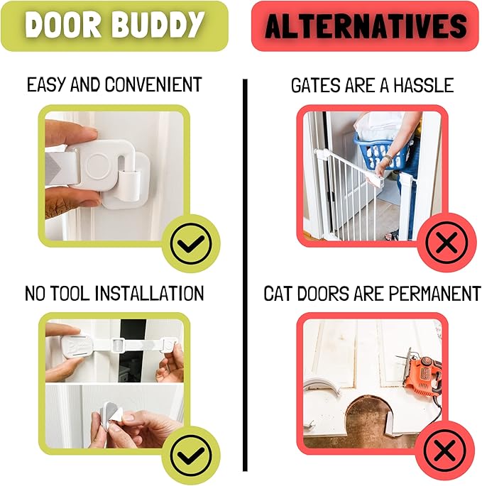 Door Buddy Baby & Cat Door Latch - Grey. Adjustable Strap Keeps Kids Out of Cat Areas. Simple Child Safety Lock for Doors. The Easier Baby Gate and Kitty Door Interior Alternative.