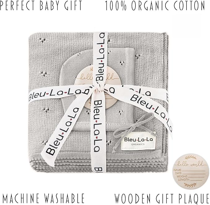 Organic Pointelle Baby Blanket + Hat Gift Set for Boys & Girls - 100% Soft Luxury Cotton Swaddle Blanket + Bonnett Registry for Newborns & Infants (Dove Grey + Hat)