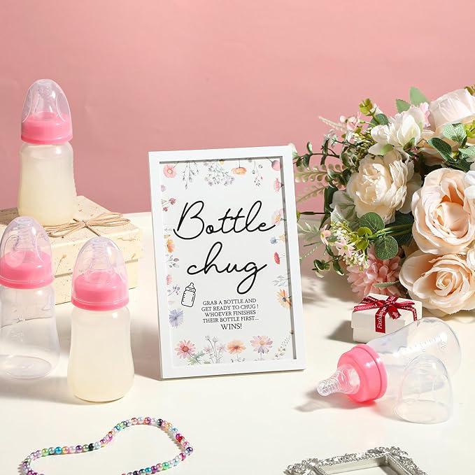 Roowest Bottle Chug Baby Shower Game Favors Including Wideflower Theme Wooden Sign and 18 Pcs Baby Bottles for Gender Reveal Party Supplies