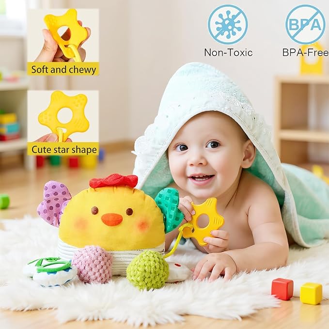 Carseat Toys Hanging, Crab Stroller Toy with Clamp,Plush Pull String Sensory Rattle,Built-in Bell, Rattle,Squeaky,Mirror for Infant,Babies Gift 0-3-6-12 Months Boy Girl