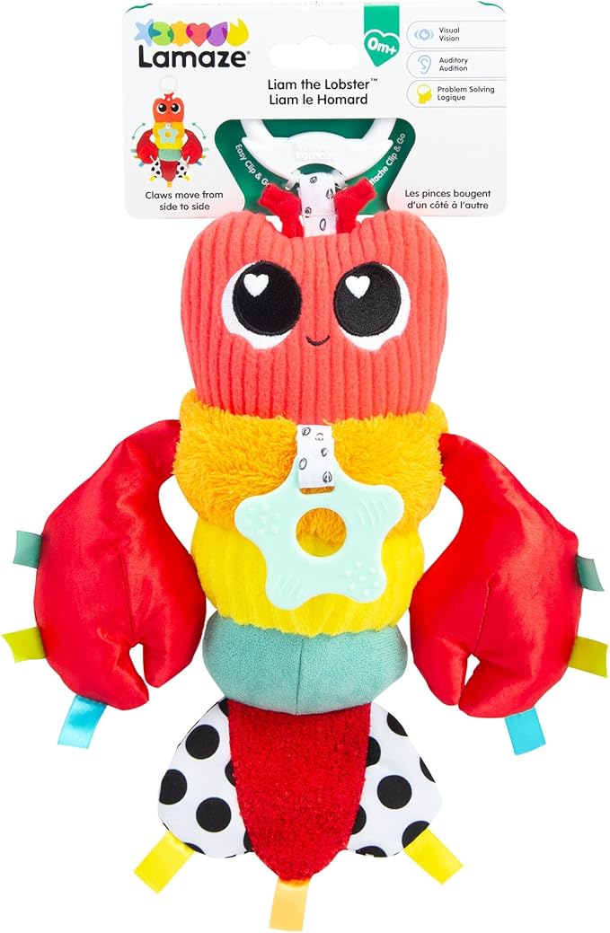 LAMAZE Liam The Lobster Clip-On Stroller and Car Seat Toy - High Contrast Baby Toys for Sensory Development - Baby and Toddler Stocking Stuffers - Ages 0 Months and Up