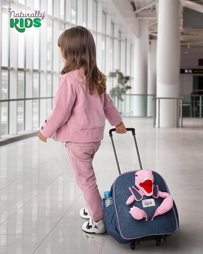 Toddler Luggage w Pink Dinosaur Toys, Kids Rolling Backpack for Girls, Boys, Toddler Suitcase, Gifts for 3 4 5 6 Year Old