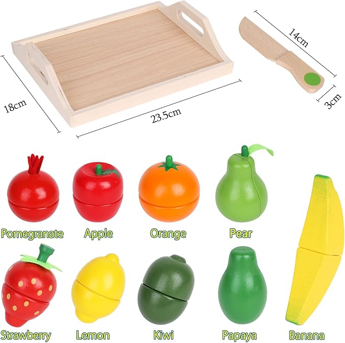 Wooden Toys for 2 Year Old - Pretend Play Food Set for Kids Play Kitchen,9 Cuttable Toy Fruit and Veg with Wooden Knif and Tray,Gift Idea for Boys Girls Birthday