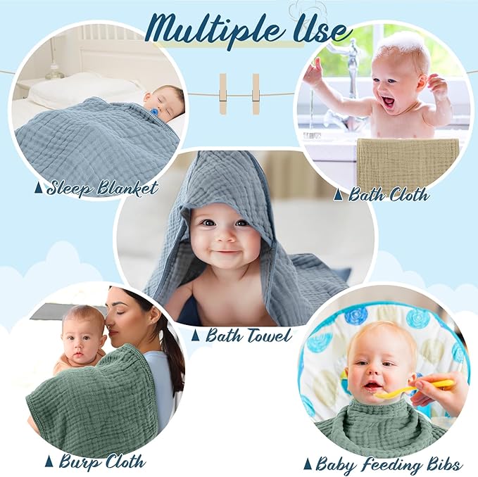 VitalCozy 8 Pcs Baby Muslin Hooded Bath Towels and Washcloths, 32 x 32 Inch Muslin Hooded Baby Towels Absorbent Blankets for Gift Newborn Infant Shower (Pastel Color)