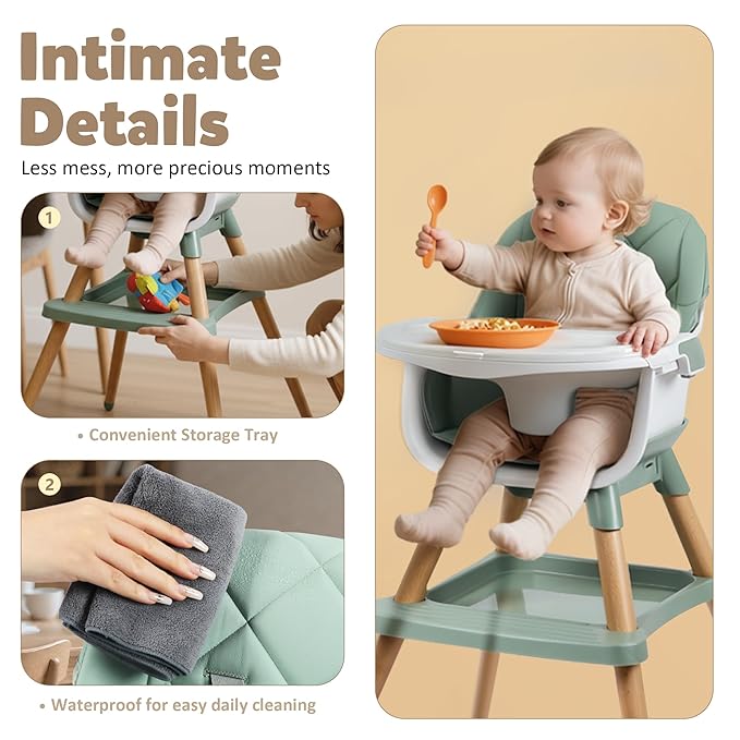 8 in 1 Wooden High Chairs for Babies Toddlers, Convertible to Booster Seat, Baby Feeding Highchair w/ 5-Point Safety Harness, Removable Tray & Cushion, Green