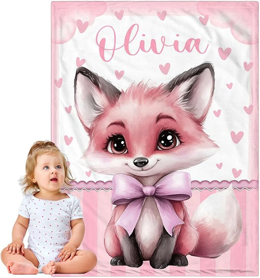 Personalized Baby Blanket for Girls, Custom Baby Blanket with Name, Soft Cozy Personalized Name Blankets for Kids, Customized Fox Blanket for Infant Toddler Birthday Christmas