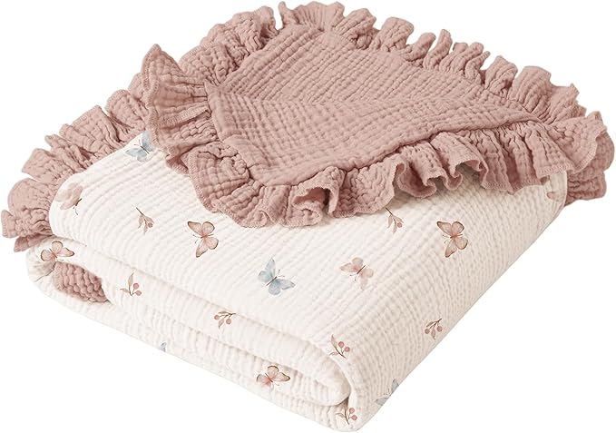 Konssy Flounce Muslin Baby Blankets, Cotton Crib Blanket for Baby Infant Toddler, Super Soft and Lightweight Nursery Blankets 40"x36" (Butterfly Dreams)
