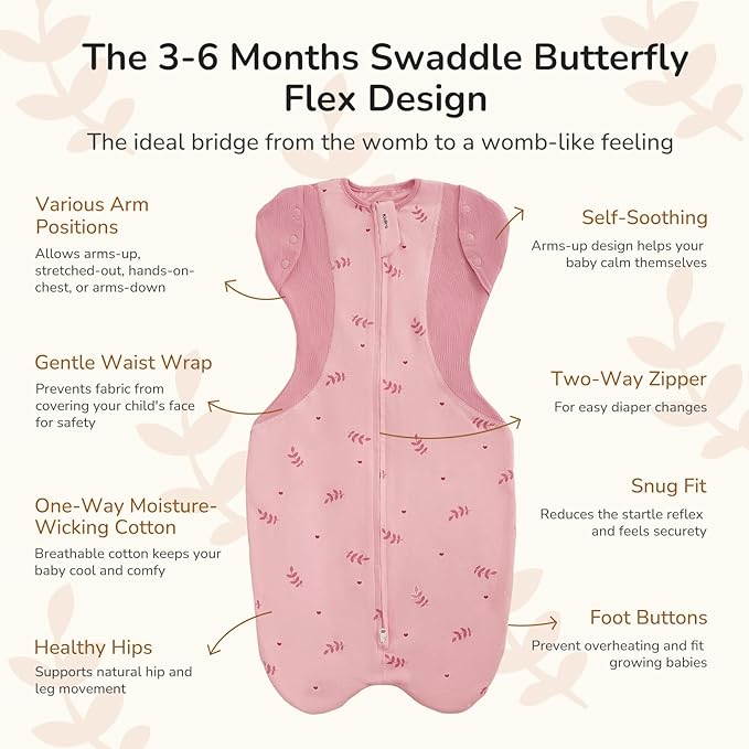 Transition Swaddle Sleep Sack, 3-6 Months, 12-18 lb, Arms In/Out, 2-Way Zipper, Moisture-Wicking Fabric, Improves Sleep, Snug Fit, Helps Calm Startle Reflex (Pink Print)