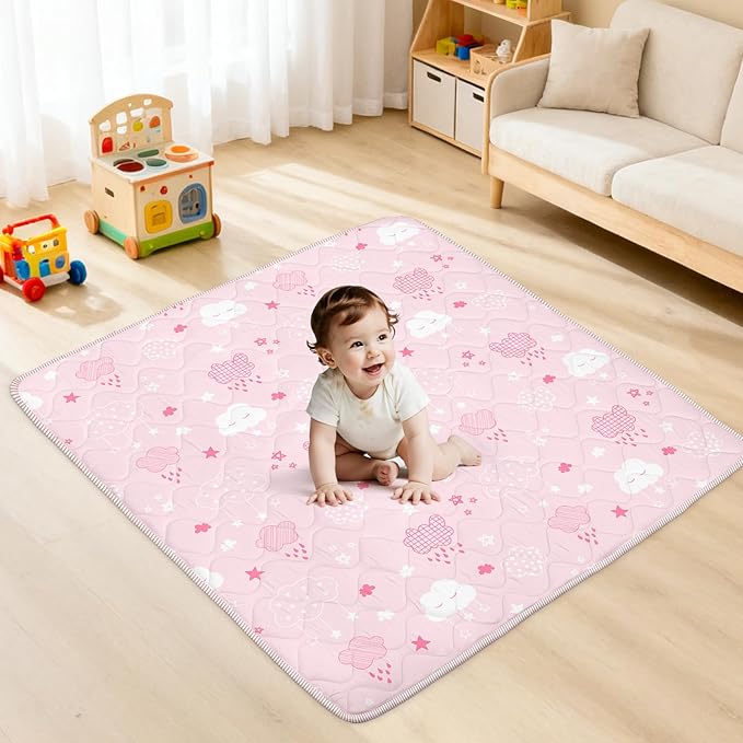 Baby Play Mat for Floor,Soft 50x50 Playpen Mat,Thick Foam Cushioned Playmat for Tummy Time,Safe Non-Slip Backing for Crawling for Kids Toddlers Infants,Pink Clouds