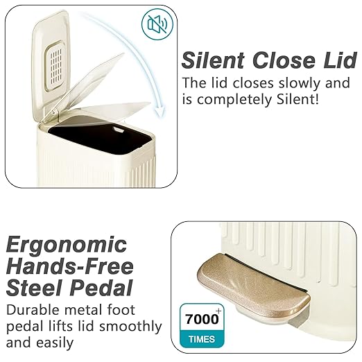 Small Bathroom Trash Can with Air Freshener Soft Close Lid, 6 Liter/ 1.6 Gallon Stainless Steel Garbage Can with Removable Inner Bucket,Step Pedal, Slim Wastebasket for Bedroom, Toilet (Ivory White)