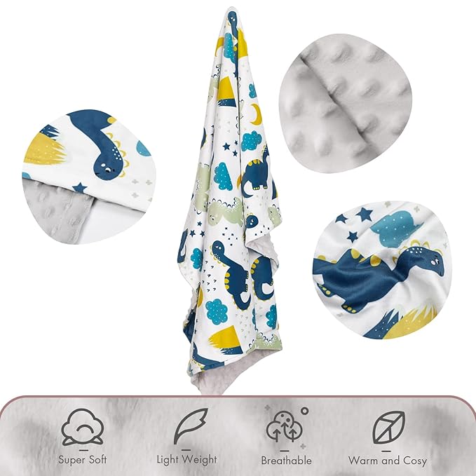 Baby Blankets for Boys, Dinosaur Super Soft Nursery Minky Blanket for Newborn Baby, Double Layer with Dotted Backing, Essentials Receiving Bed Throw Blanket Stroller Crib Shower Gifts, 30 x 40 Inch
