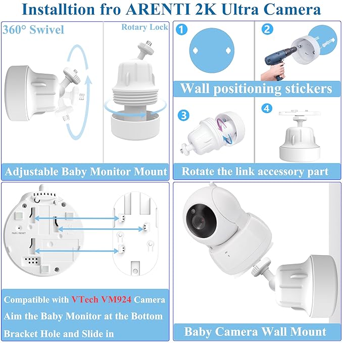 Adjustable Baby Monitor Wall Mount Stand Holder Compatible with VTech VM924/ 901/928HD/5263/5755 /5764HD /7764HD/5766/5263/BM5254/ Leapfrog LF920HD/RM7768HD/LF815HD/LF1726FHD /LF2413 Camera