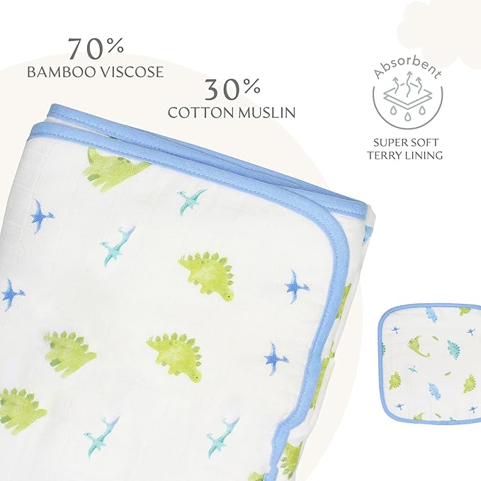 Bamboo Viscose Baby Hooded Towel & Washcloth Set for Babies and Toddlers, Soft & Absorbent, 70% Viscose from Bamboo, 30% Cotton Muslin - Imported (Dinosaur)