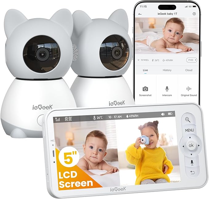 ieGeek Baby Monitor with 2 Cameras, 5" Large Screen Split-Screen Video Baby Monitor | 2K HD Non-WiFi Monitor with App & Parent Unit | Night Vision, 2-Way Audio, Cry Detection, Temperature Sensor