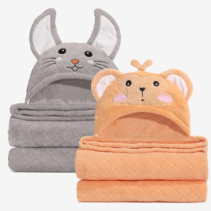 Toddler Towels for Boy, 2 PCS 50"x32" Hooded Baby Towels Boy,Thick Absorbent Bath Towels for Kids, Coral Fleece Animal Kids Towel with Hood, Gray Mouse & Orange Monkey Set