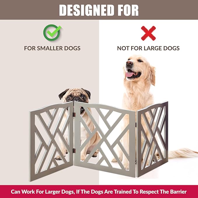 Bundaloo Freestanding Dog Gate Expandable Decorative Wooden Fence for Small to Medium Pet Dogs, Barrier for Stairs, Doorways, & Hallways (Crisscross - Grey)