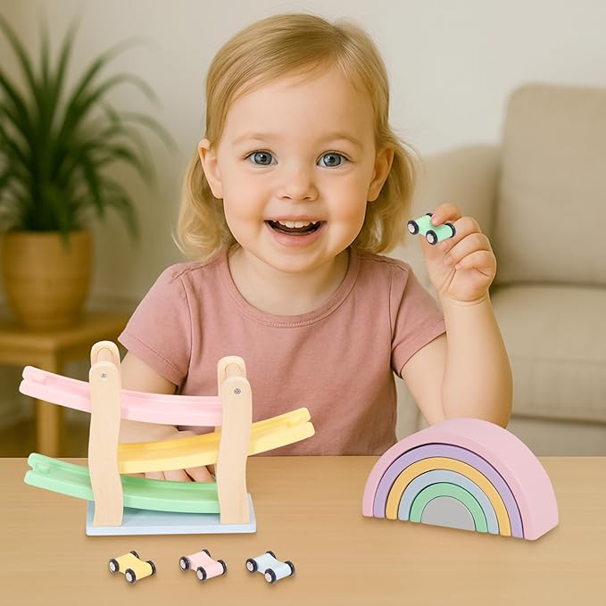 Wooden Toys for Kids, 5 in 1 Learning Educational Set (Includes Rainbow Stacker, Hammering Pounding, Race Track, Tumbling Tower Blocks, Alphabet Writing)- Gift for Boys Girls