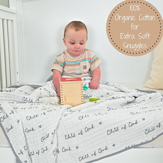 LollyBanks Muslin Baby Blanket 100% Organic Cotton, Muslin Quilt Lightweight, Toddler Blanket for Boy and Girl, 6 Layers Baby Blankets 47"x 47", Nursery Receiving Blankets (Christian Baby)