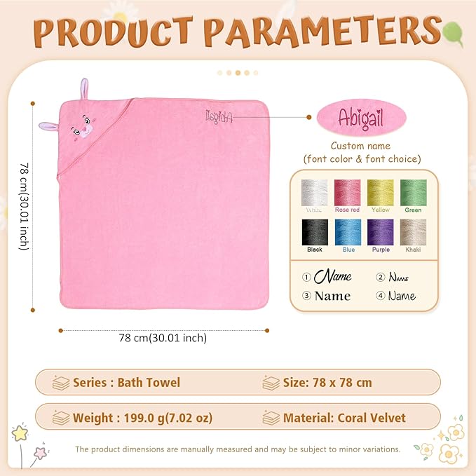 Personalized Baby Towels for Newborn Custom Embroidery Name Hooded Baby Bath Towels for Boy Girl Newborn Essentials Must Haves Shower Gift Soft Coral Velvet 30"x30" (Pink)