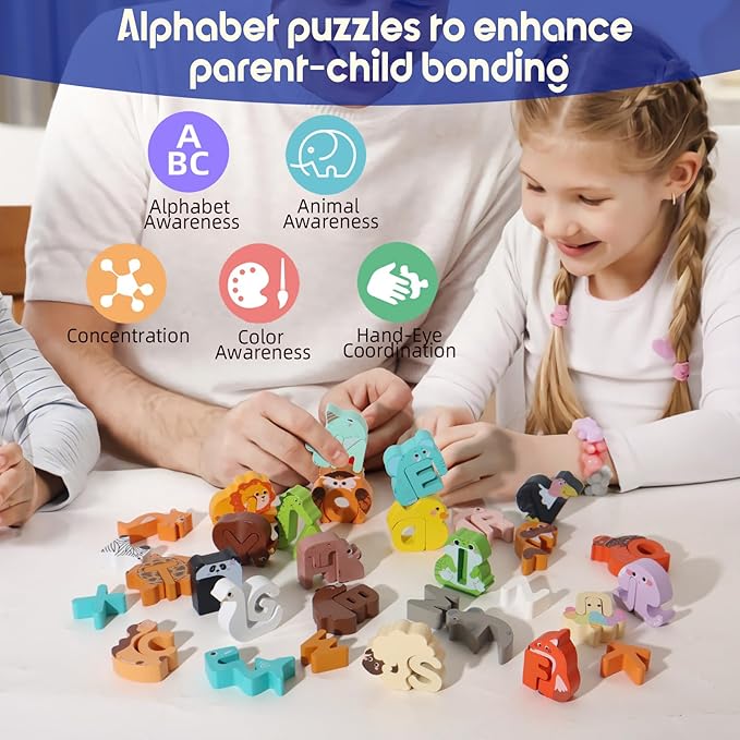 BESTAMTOY 52 Pieces Matching Game, Wooden Alphabet Animal Puzzles for Toddlers, ABC Peg Puzzles for Kids Ages 3-5, Preschool Learning Activities Toys
