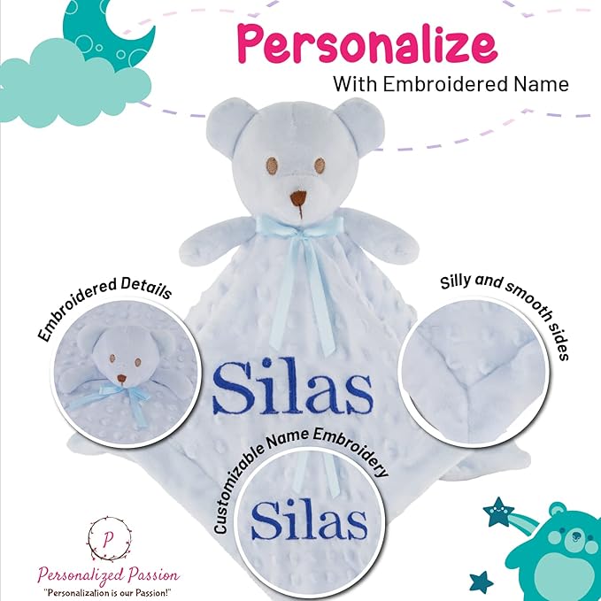 Personalized Baby Blanket Lovey with Custom Embroidered Name - Super Soft & Comfy Security Blankets for Babies - Stuffed Elephant Security Snuggle Toy - Soothing Loveys for Boys and Girls