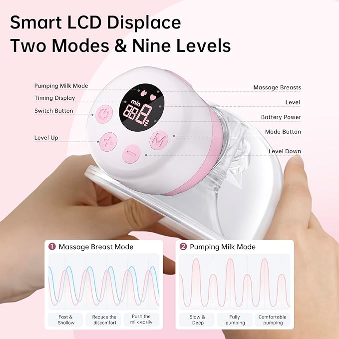 TSRETE Double Wearable Breast Pump, Electric Hands-Free Breast Pumps with 2 Modes, 9 Levels, LCD Display, Memory Function Rechargeable Milk Extractor-24mm Flange, Pink