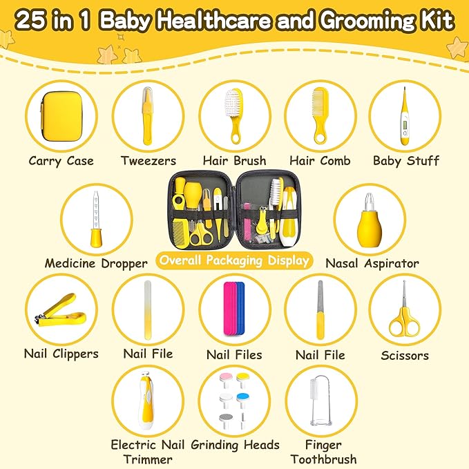 Baby Grooming Kit for Boys Girls Safety Newborn Nursery Essentials Grooming Set Gift for First-time Parents, Yellow 25 in 1