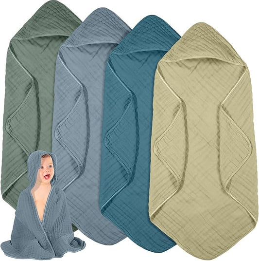 Peryiter 4 Pcs Muslin Hooded Baby Towels, 32"x 32" Cotton Newborn Bath Towel Muslin Infant Baby Blankets Absorbent Unisex Christmas Registry Gift Essentials for Girls Boys (Green Series)