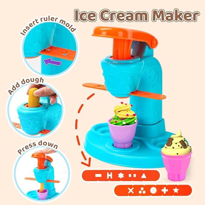 70 PCS 4 in 1 Dough Sets for Kids Ages 3-4-8, Art Crafts Dough Tools Kit, Ice Cream Playset Noodle Hamburger Cake Maker Machine, Kitchen Creations Food Play Toys Toddlers Boys Girls