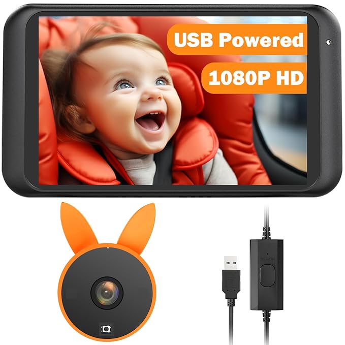 Babyvue BV2 USB Baby Car Camera Plug-Play, 4.5" 1080P Easy Setup Backseat Camera with Flexible 360 Rotation, Clear Picture Rear Facing Car Seat – Peace of Mind for Pet Owners and Parents