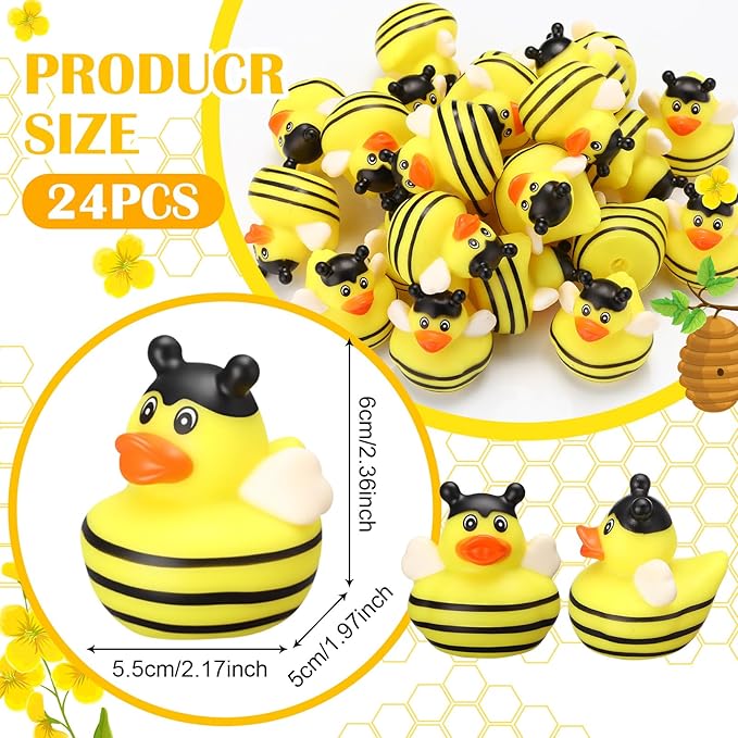 Jexine 24 Pieces Rubber Ducks 4 Styles Assorted Rubber Fun and Adorable Gifts Birthday Party Supplies Bathtub Floating Ducking Reward Gift Bag Filler(Bee Style)