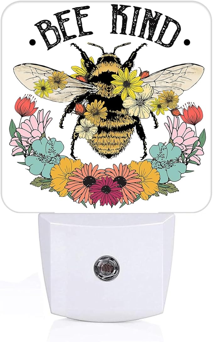 Bees and Flowers Night Light,Plug Into Wall for Boys Girls Bedroom Decorative Square Night Light Lamp 0.5w Sleep Friendly