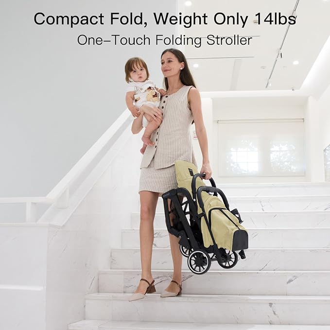 Compact Fold Baby Stroller, Lightweight Travel Toddler Stroller with One-Click Fold, Extendable UPF50+ Canopy, Cup Holder, UV Protected and Waterproof, One-Hand Folding - Beige