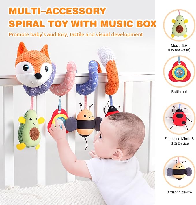 Jollybaby Crib Stroller Car Seat Toys for Baby 0-3-6-9-12 Months, Tummy Time Hanging Sensory Toys for Newborn with Music Box and Teether, Spiral Carseat Toy for Infant Boys Girls Gift (03-Orange Fox)