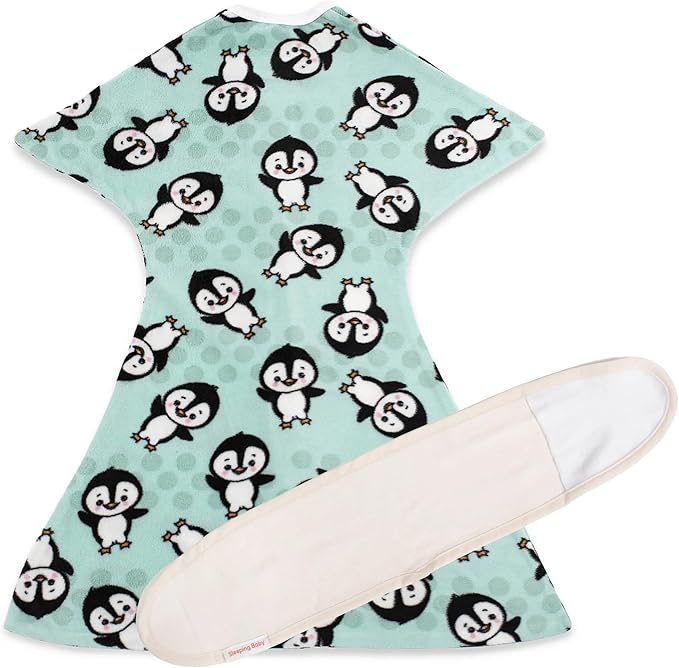 SleepingBaby Fleece Zipadee-Zip Transition Swaddle and Snuggle Strap Bundle - Roomy Baby Swaddle Blanket with Zipper Convenience and Wearable Blanket Accessory, Perfect Penguin, Small (4-8 Month)