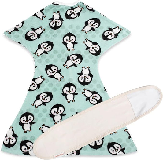 SleepingBaby Fleece Zipadee-Zip Transition Swaddle and Snuggle Strap Bundle - Roomy Baby Swaddle Blanket with Zipper Convenience and Wearable Blanket Accessory, Perfect Penguin, Small (4-8 Month)