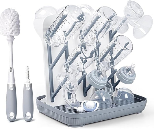 Termichy Baby Bottle Drying Rack: Vertical Bottle Dryer Rack Holder with Brushes Set- Drying Rack & Nipple Scrubber-Space Saving Standing Drying Rack for Baby Bottles and Pump Part Cleaning