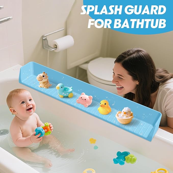 Silicone Bathtub Water Guard for Kids, Longer Play Tub Shelf with 11 Suction Cups, Toy Tray Caddy Holder Attaches to Bathtub Ledge, Prevents Water Spills in Bathroom, Fun Bath Time Storage (Baby Blue)