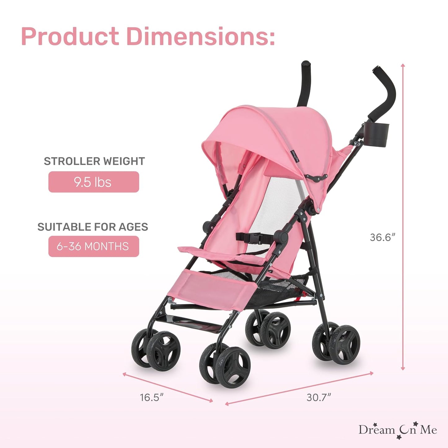 Dream On Me Rover Convenience Baby Stroller in Pink, Lightweight & Compact Umbrella Stroller, Easy one-Hand fold Travel Stroller, Lockable Rear Wheels, Removable & Adjustable Canopy